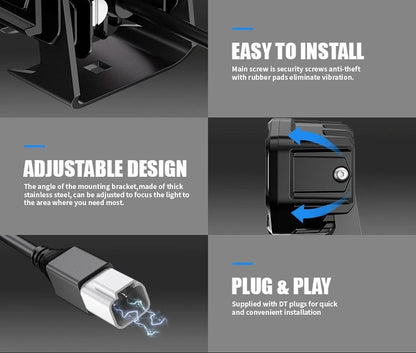 Aurora FireNova 4-inch linkable lights, two-light set — adjustable bracket and DT connector details