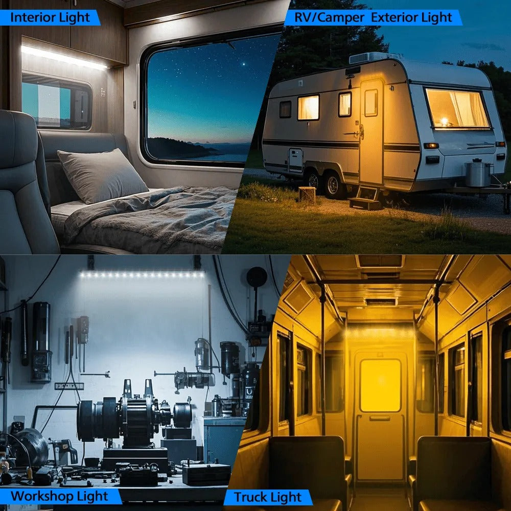 Aurora dimmable camping light — interior, awning, workshop and utility-light examples