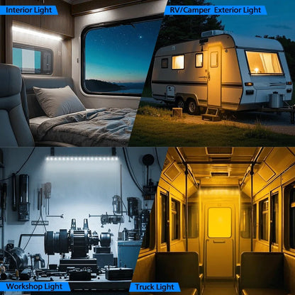 Aurora dimmable camping light — interior, awning, workshop and utility-light examples