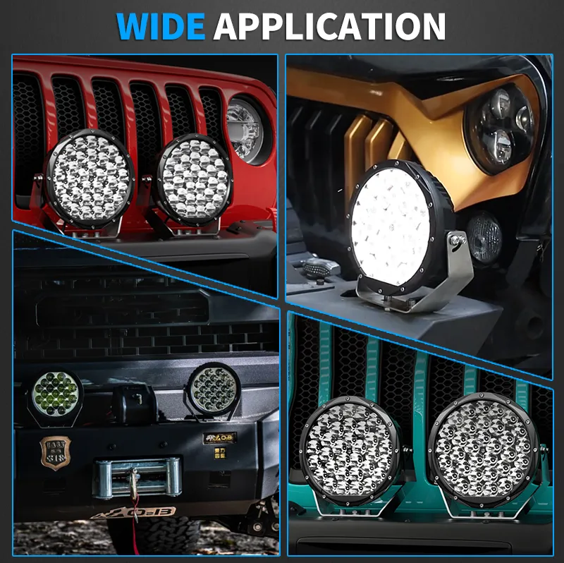 Aurora 7-inch high-lux driving lights — driving lights installed on several vehicle positions