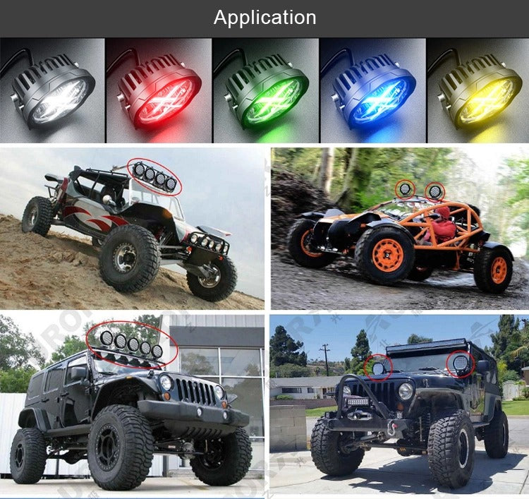Aurora 4-inch RGB LED spotlights — vehicle and off-road installation examples
