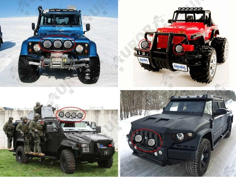 Aurora 4-inch RGB LED spotlights — spotlights mounted on several off-road vehicles