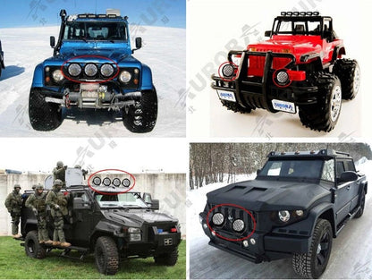 Aurora 4-inch RGB LED spotlights — spotlights mounted on several off-road vehicles