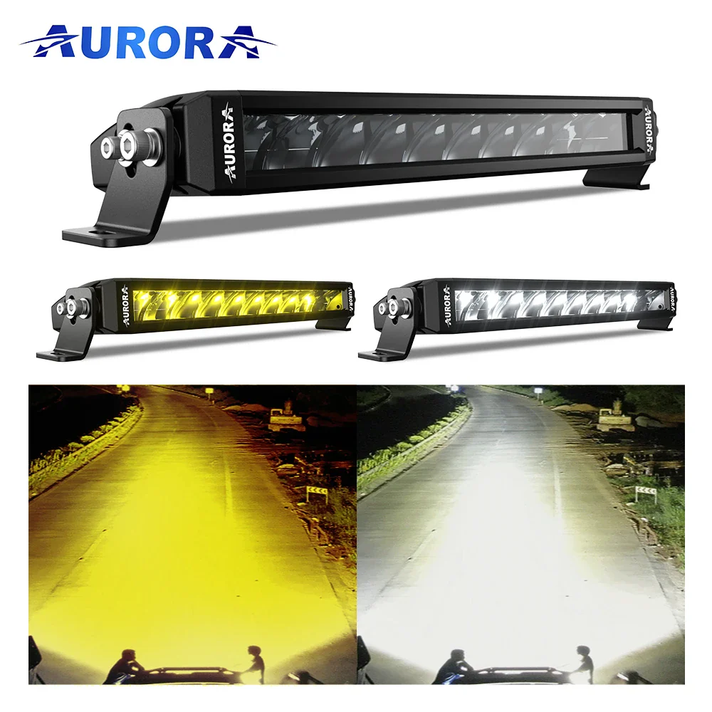 Aurora dual-colour LED light bar — white and amber road beam comparison