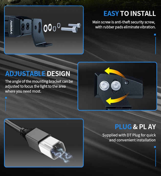 Aurora dual-colour LED light bar — adjustable side brackets and DT connector details