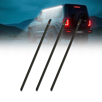 Aurora 300 mm dimmable camping light — three available bar lengths beside a vehicle