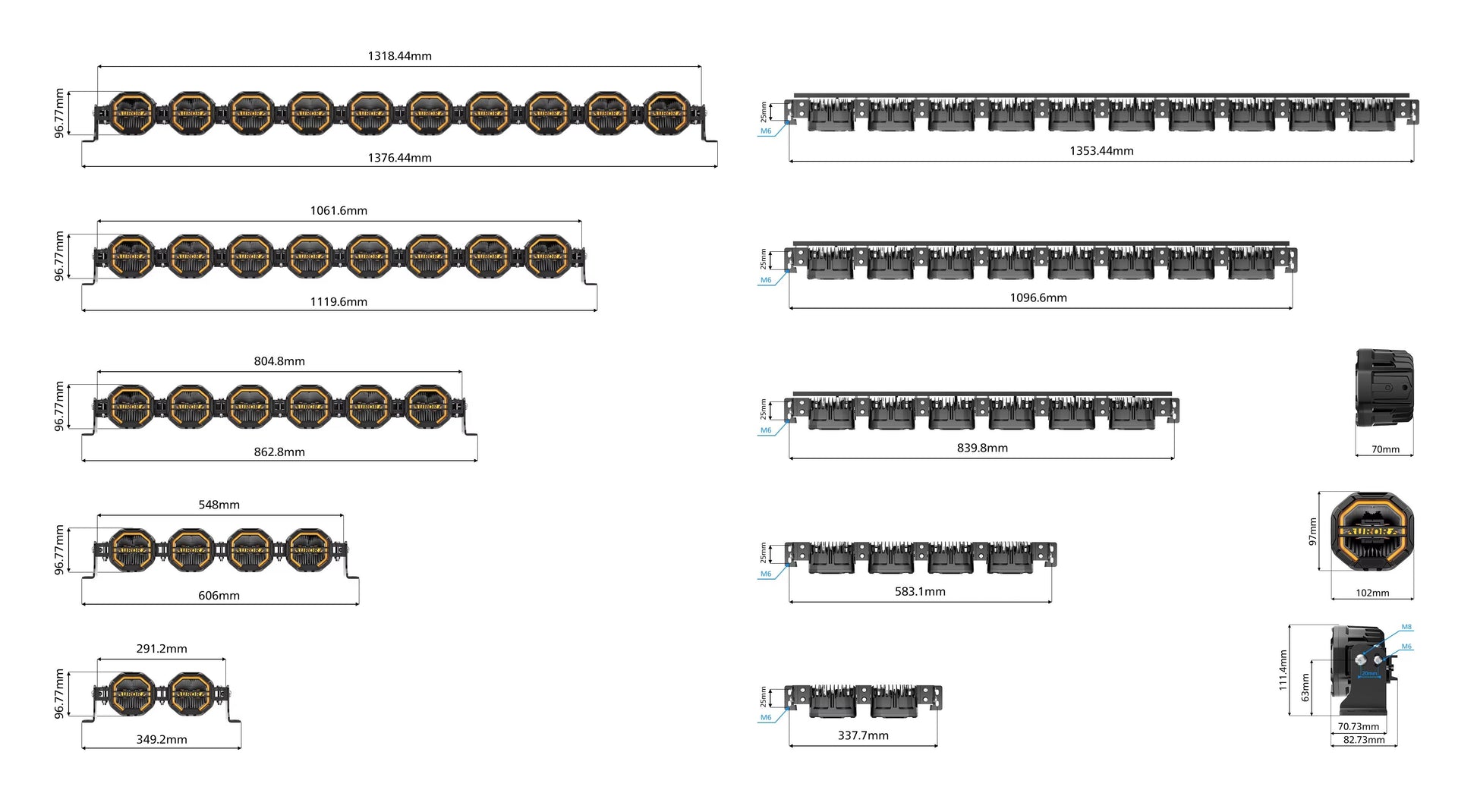 Aurora FireNova 4-inch linkable lights, two-light set — available linked-bar lengths and components