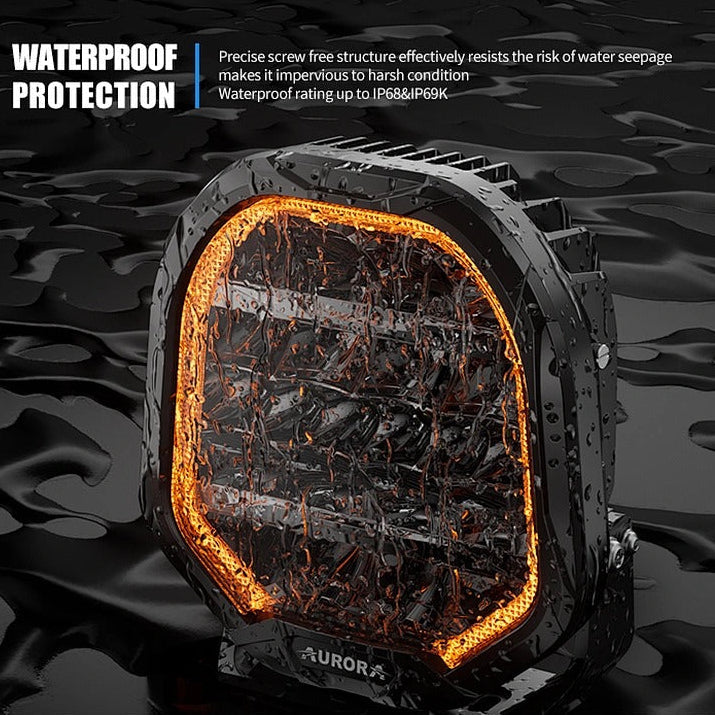 Aurora FireNova 7-inch driving lights — driving light operating in water spray