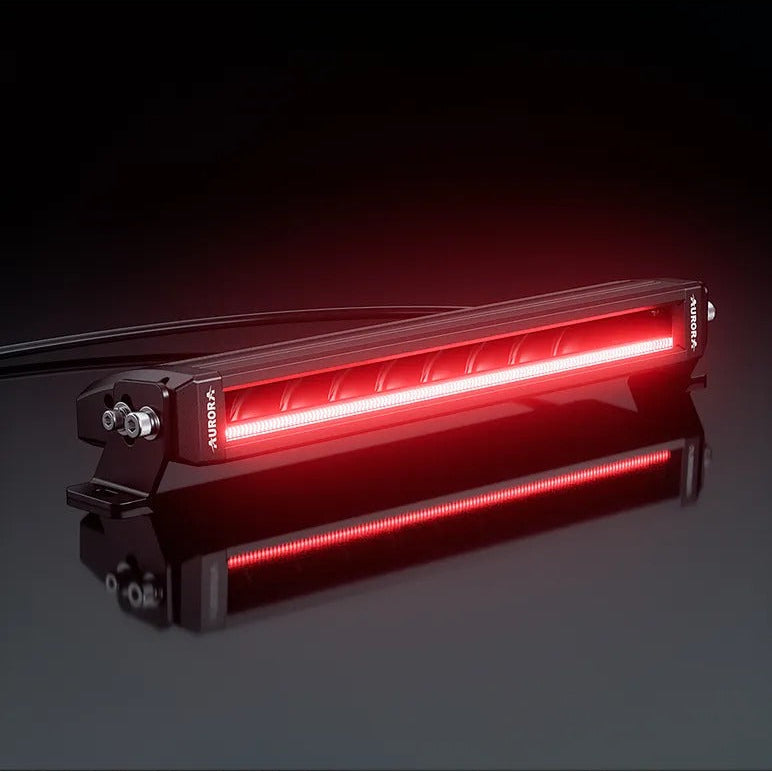Aurora 20-inch screwless RGB-backlit LED light bar — two red-backlit light bars on a dark background