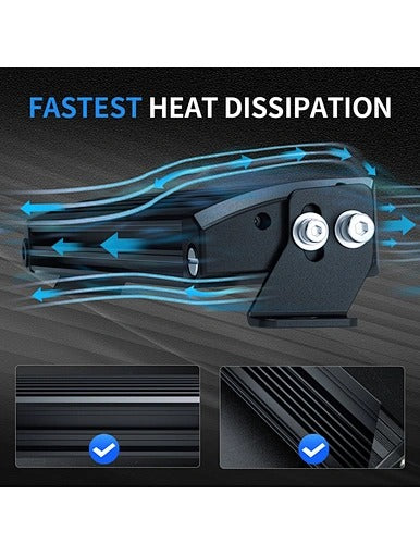 Aurora 40-inch screwless RGB-backlit LED light bar — housing airflow and cooling-fin details