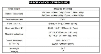 RUNVA WINCH - Steel Cable 20000lbs (9 072Kg) 24V - 2 x Remotes (Wire+Wireless) - Winch - Go-4LO