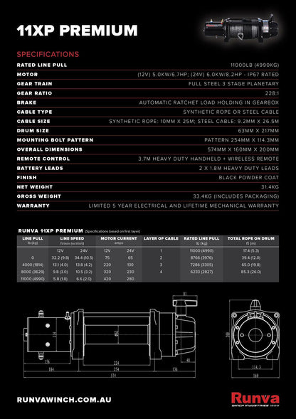 RUNVA WINCH - Synthetic Rope 11000lbs (4 990Kg) 12V PREMIUM - Winch - Go-4LO
